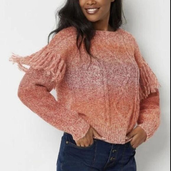 Frye & Co. Spacedyed Ombre Sweater 3X Wool Blend Pink/Red Crewneck With Fringe D - Picture 1 of 6